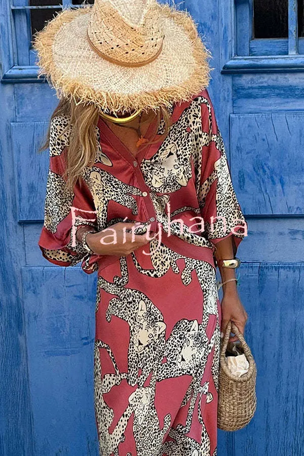 Abbie Satin Tiger Print Bat Wide Sleeve Button Loose Coat