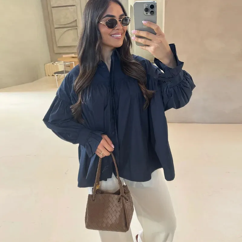 ADVBRIDGE  -  Elegant Puff Sleeve Women's Shirts Solid Chiffon Laple Single Breasted Oversize Blouse Female 2025 Summer Chic Lady Streetwears