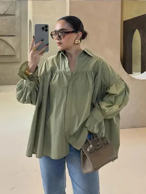 ADVBRIDGE  -  Elegant Puff Sleeve Women's Shirts Solid Chiffon Laple Single Breasted Oversize Blouse Female 2025 Summer Chic Lady Streetwears