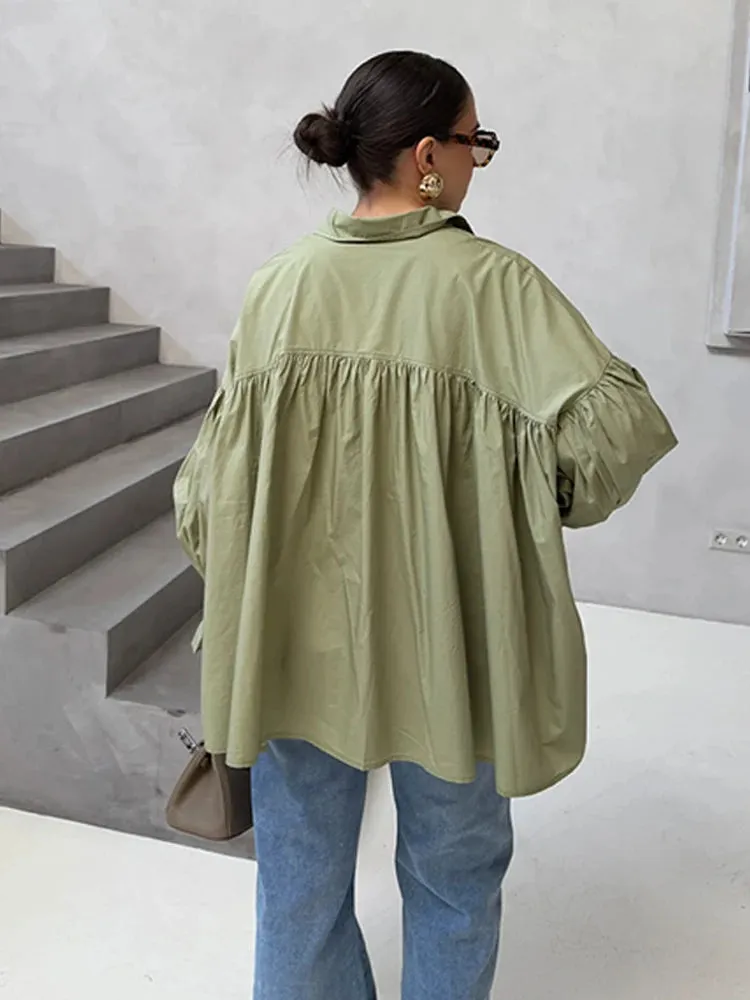 ADVBRIDGE  -  Elegant Puff Sleeve Women's Shirts Solid Chiffon Laple Single Breasted Oversize Blouse Female 2025 Summer Chic Lady Streetwears