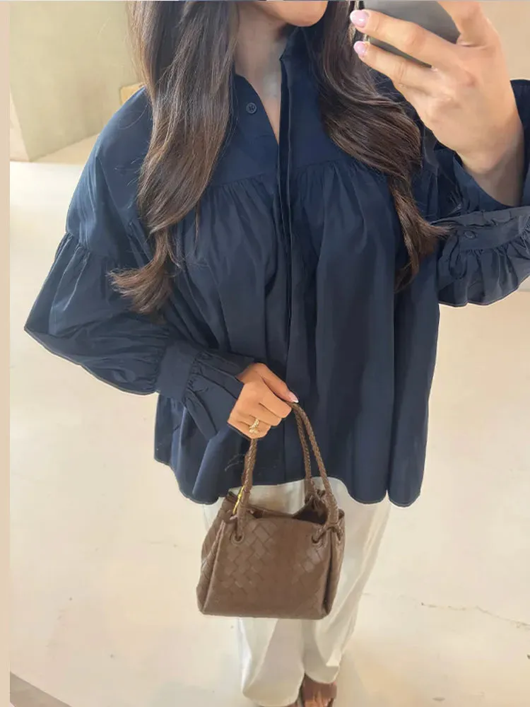 ADVBRIDGE  -  Elegant Puff Sleeve Women's Shirts Solid Chiffon Laple Single Breasted Oversize Blouse Female 2025 Summer Chic Lady Streetwears