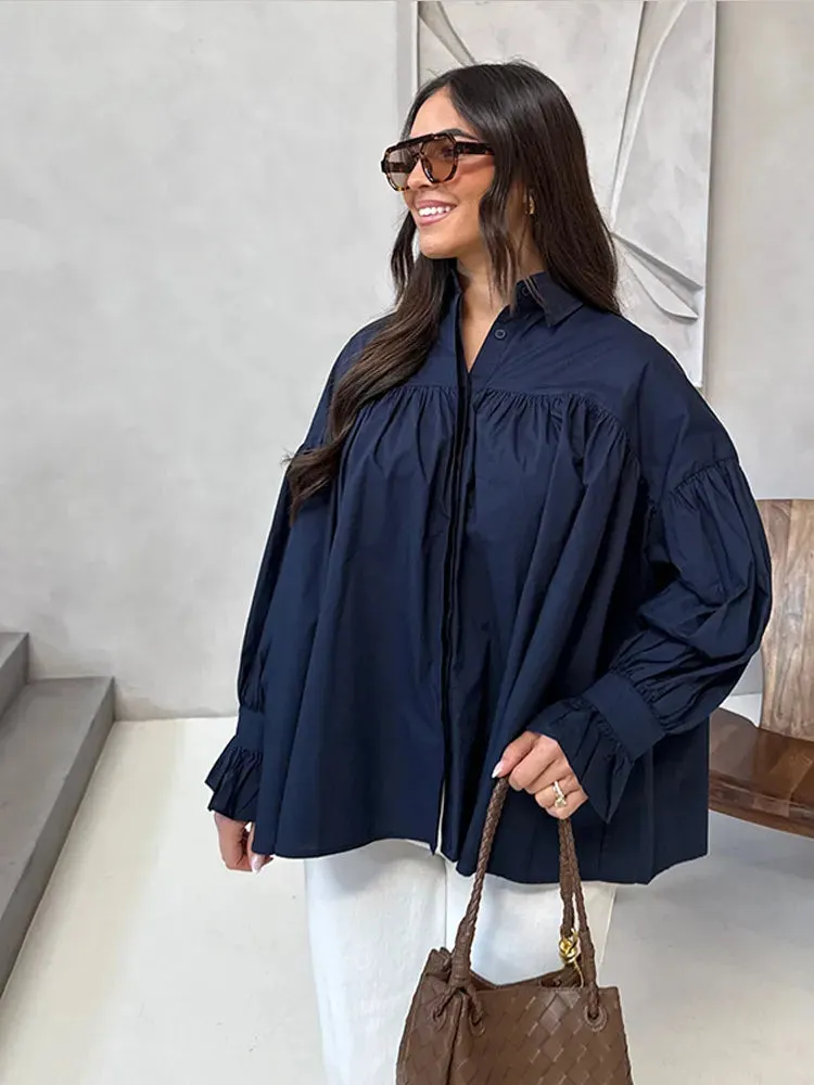 ADVBRIDGE  -  Elegant Puff Sleeve Women's Shirts Solid Chiffon Laple Single Breasted Oversize Blouse Female 2025 Summer Chic Lady Streetwears