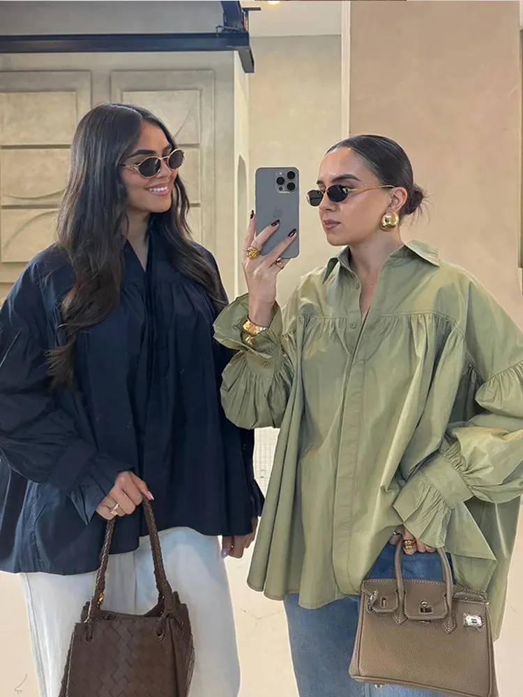 ADVBRIDGE  -  Elegant Puff Sleeve Women's Shirts Solid Chiffon Laple Single Breasted Oversize Blouse Female 2025 Summer Chic Lady Streetwears