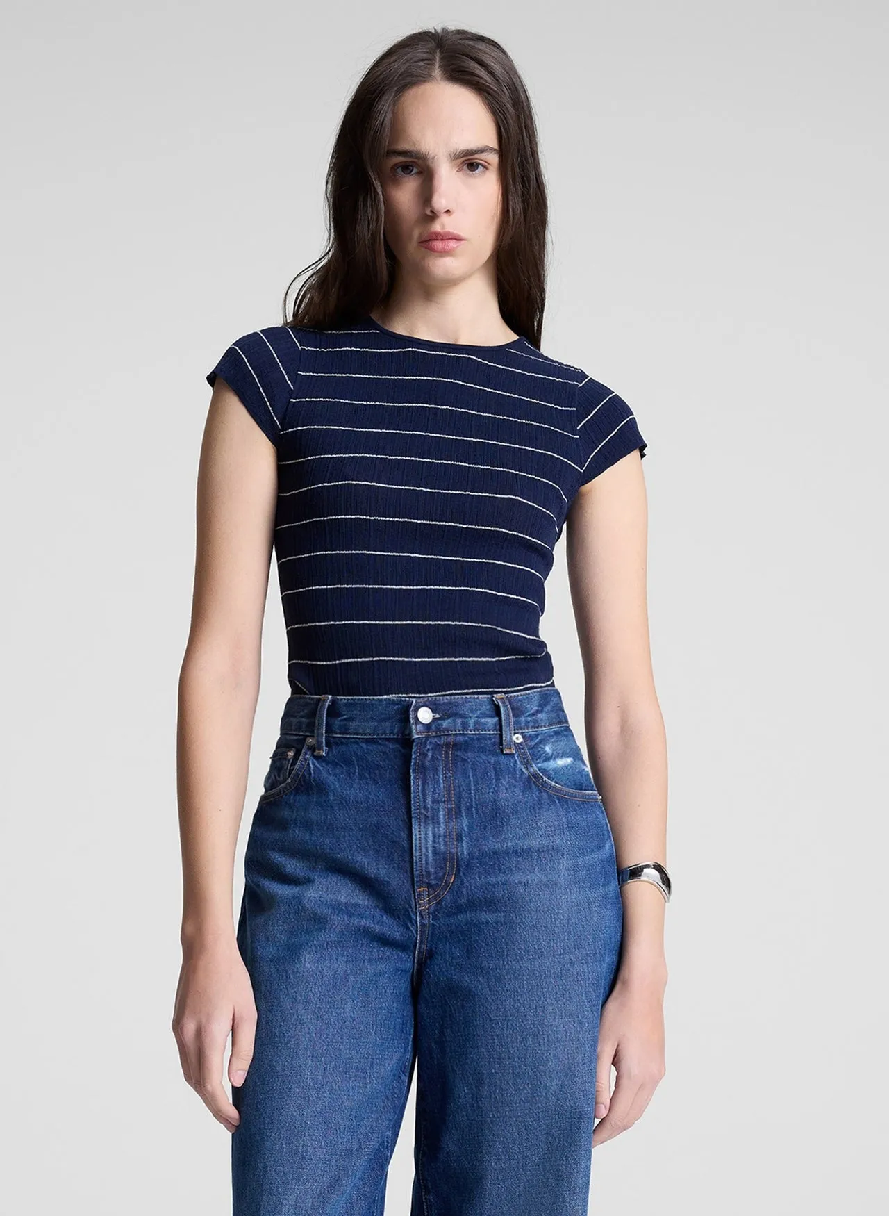 A.L.C. Sam Fine Cotton Knit Top in Bright White/Navy