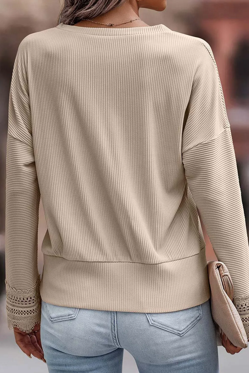 Apricot Ribbed Texture Lace Trim V Neck Long Sleeve Top