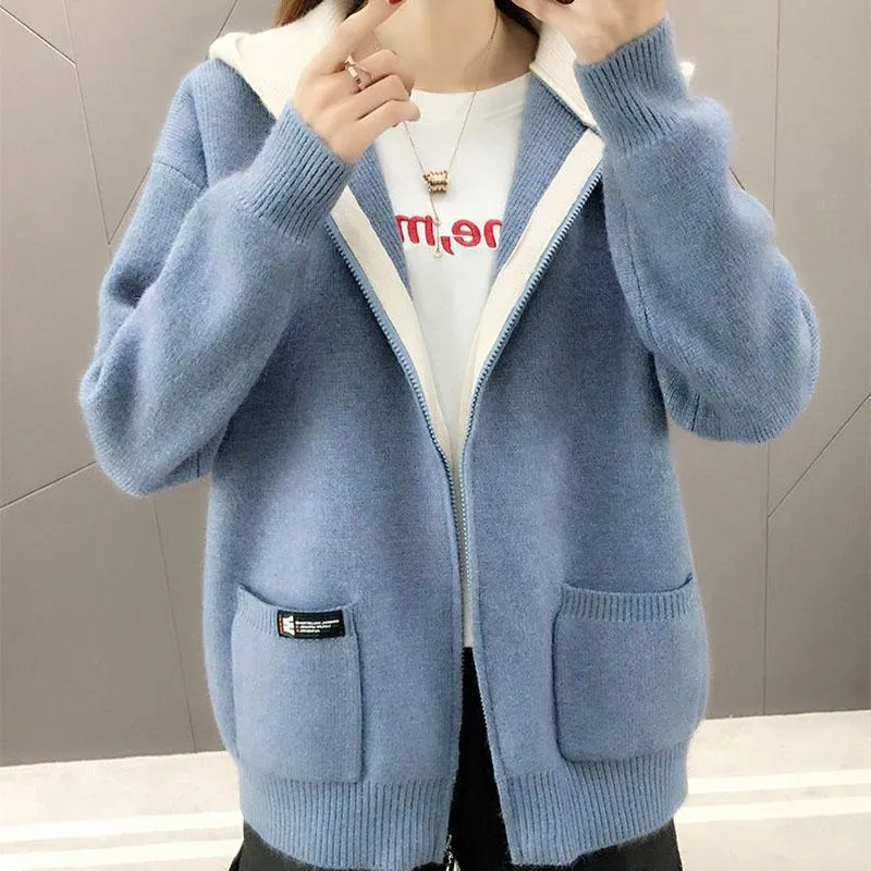 Autumn and Winter Cardigan Hooded Coat Loose Contrast Color Knitted Sweater Zipper Casual Women's Top