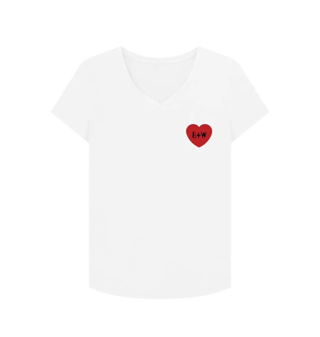 B W Red Heart V Neck Tee