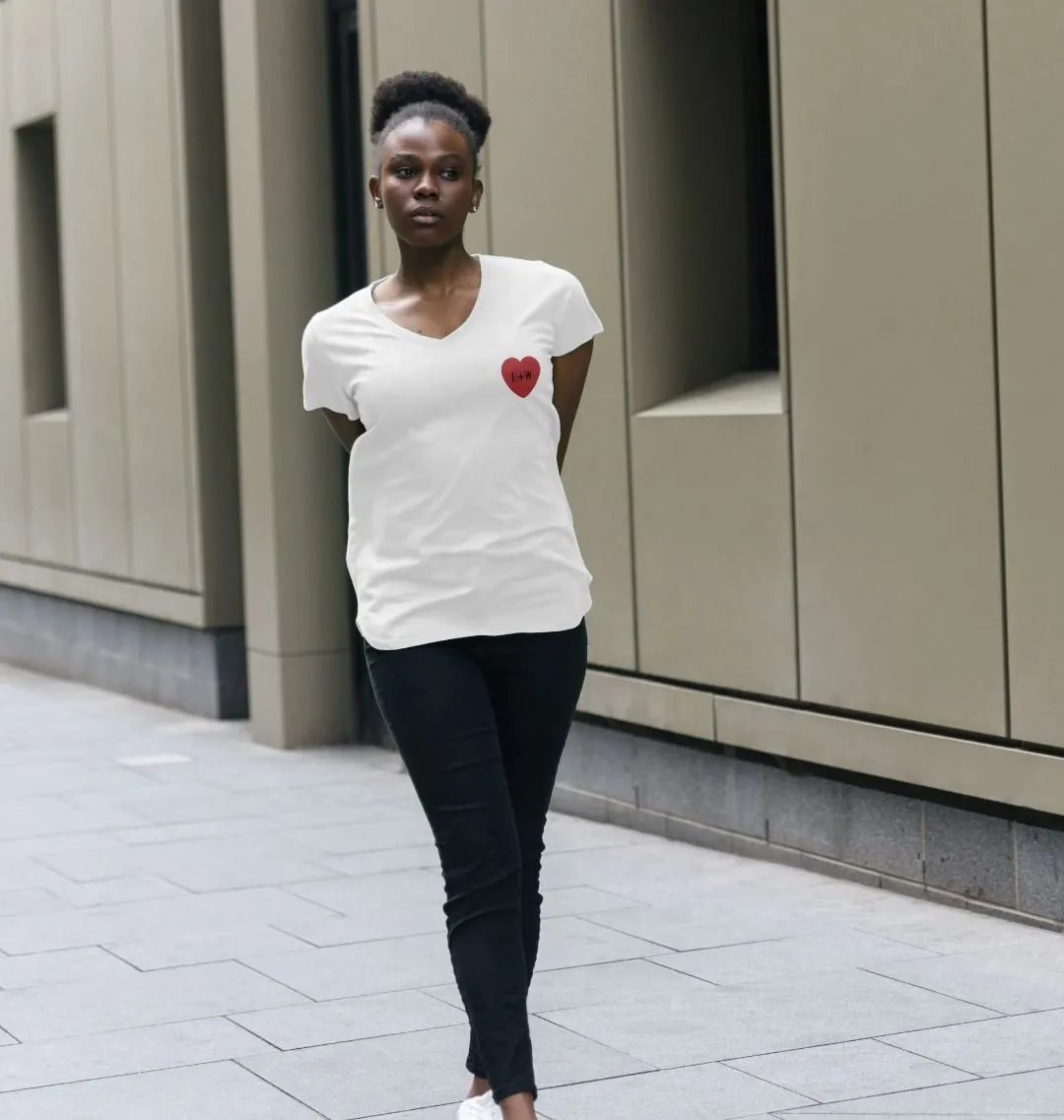 B W Red Heart V Neck Tee