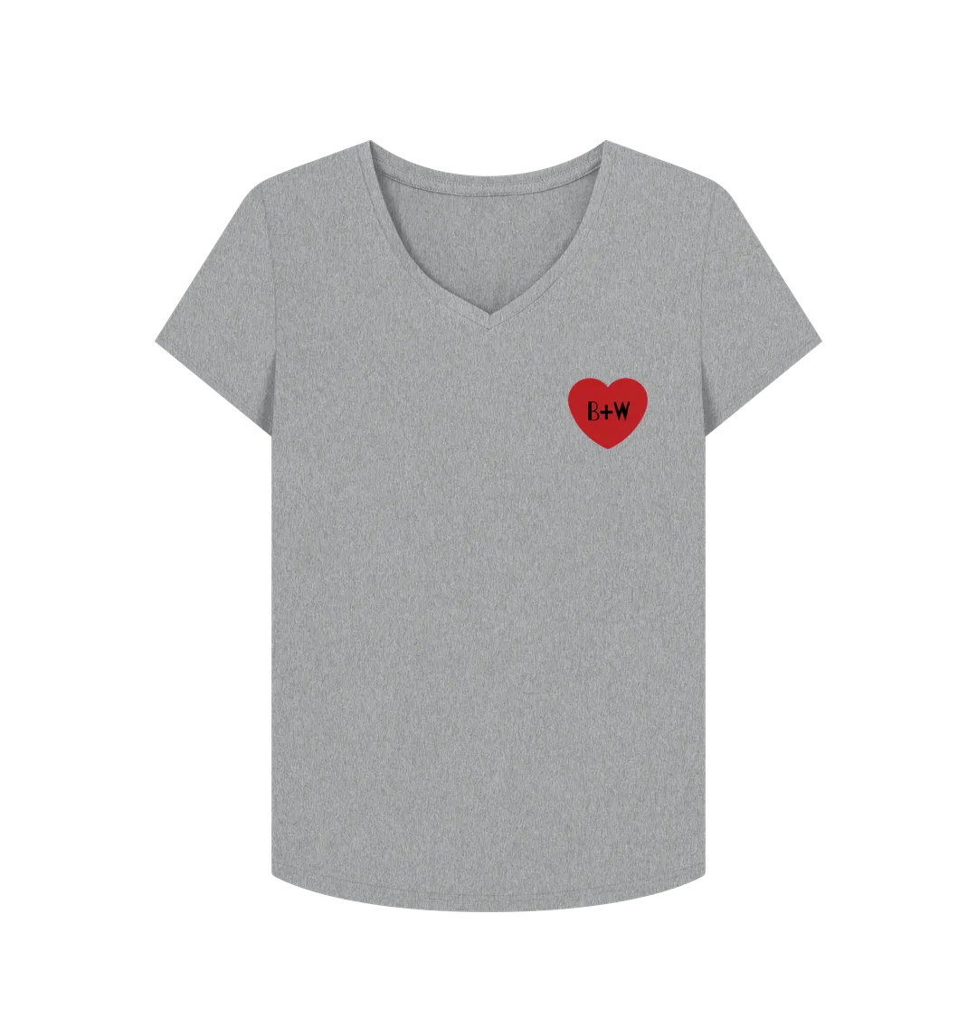 B W Red Heart V Neck Tee