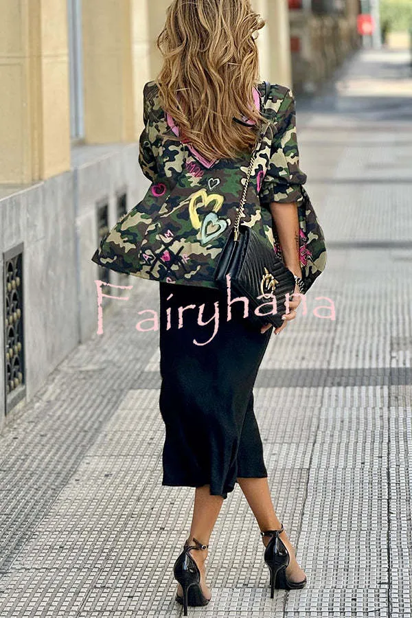 Be A Lover Camouflage Heart Graffiti Detail Lapel Loose Blazer Jacket