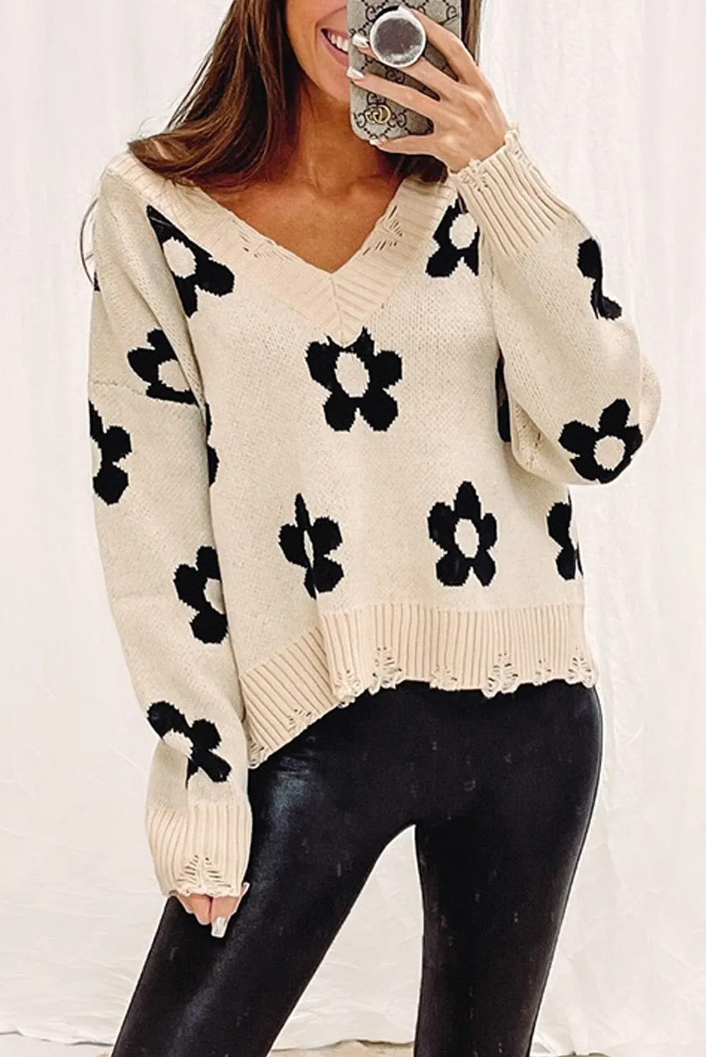 Beige Floret Knitted V Neck Distressed Sweater