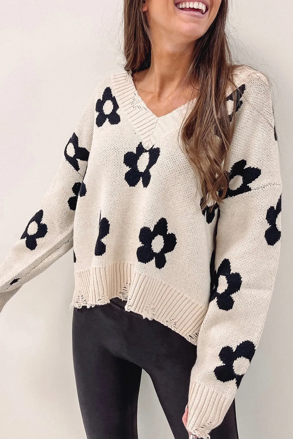 Beige Floret Knitted V Neck Distressed Sweater