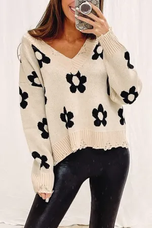 Beige Floret Knitted V Neck Distressed Sweater