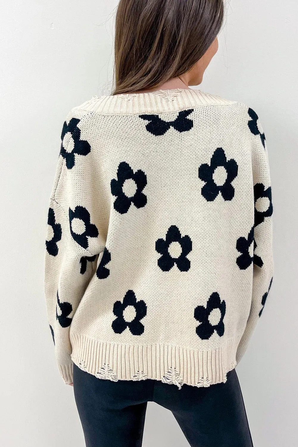 Beige Floret Knitted V Neck Distressed Sweater