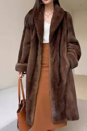 BerryBetty - Coffee Open Front Faux Fur Long Women Fluffy Coat