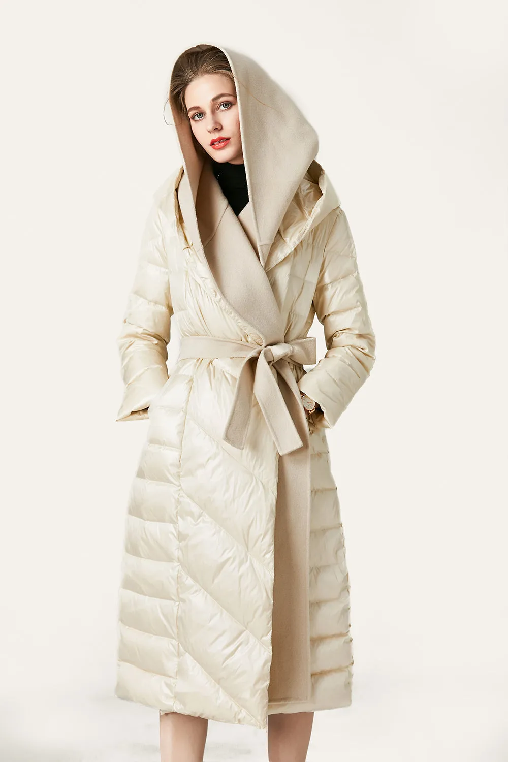 BerryBetty - Ivory Button Quilted Puffer Jacket with Faux Fur Hood