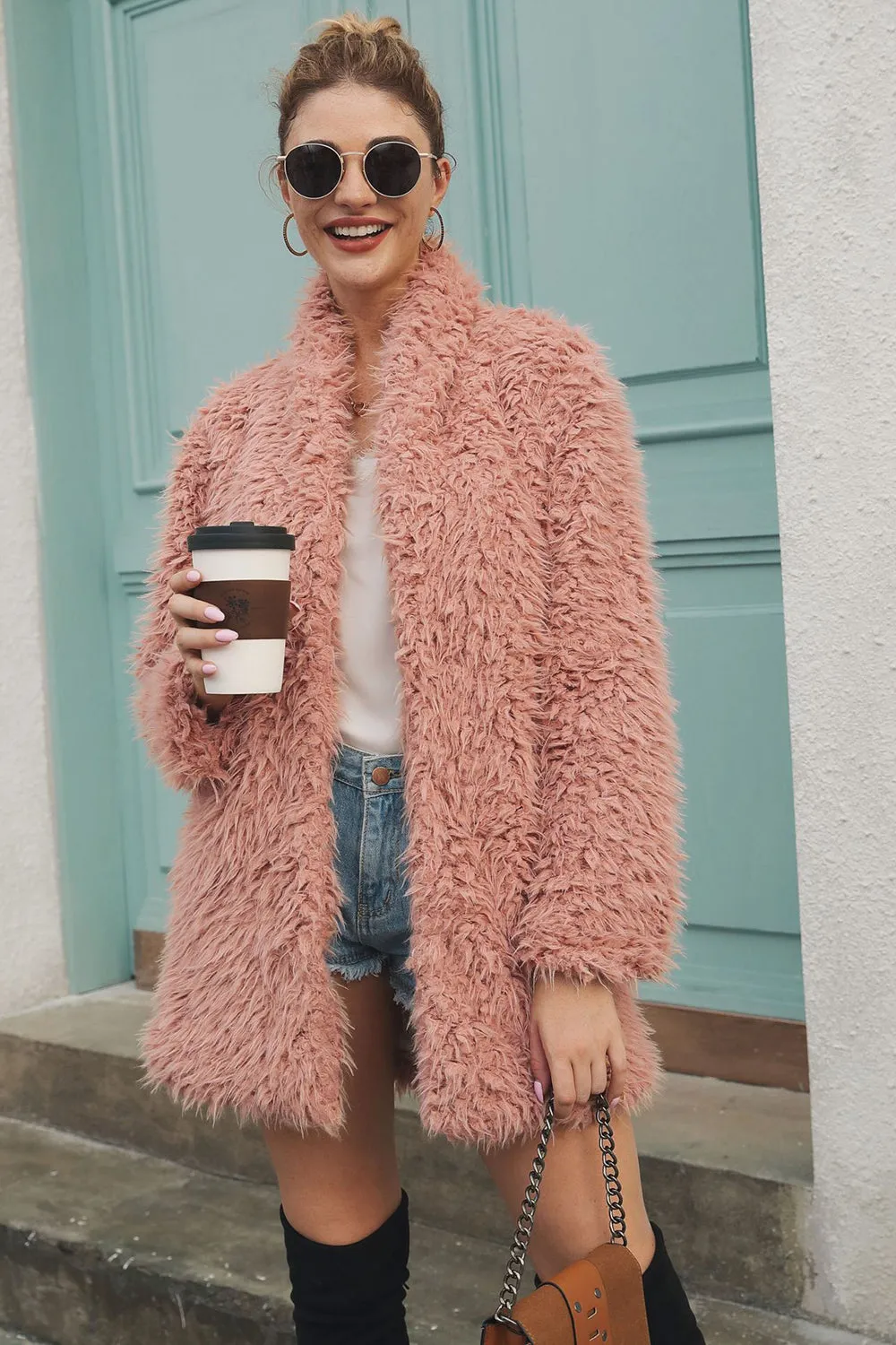 BerryBetty - Pink Shawl Lapel Midi Faux Fur Women Coat