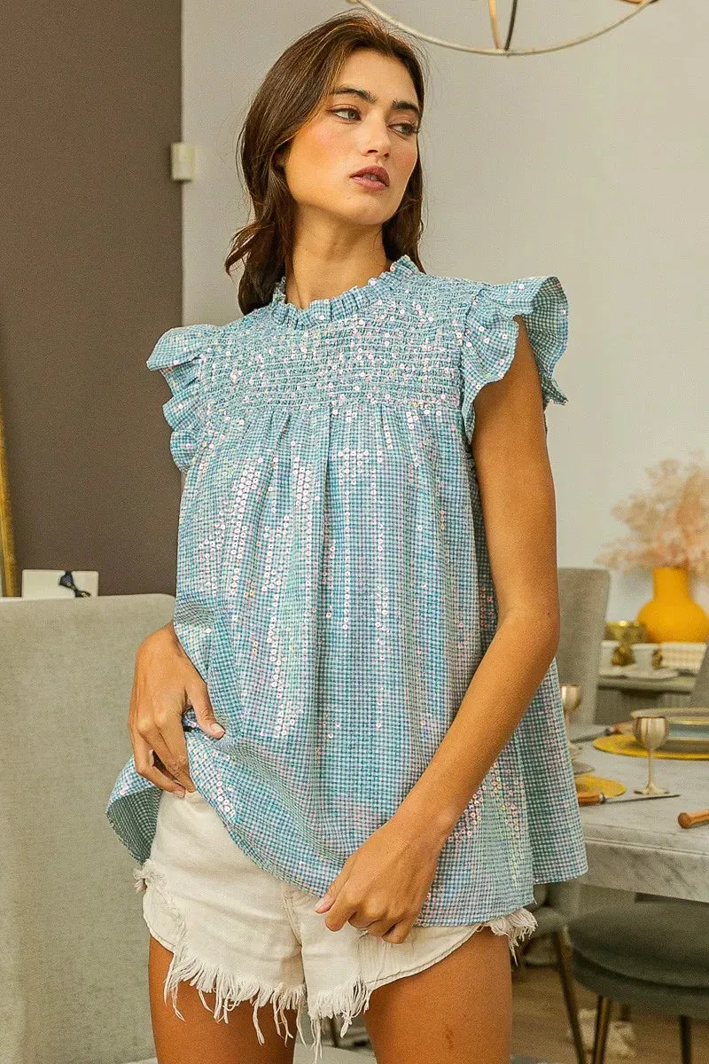 BiBi Clear Sequin All-over Gingham Smocked Top