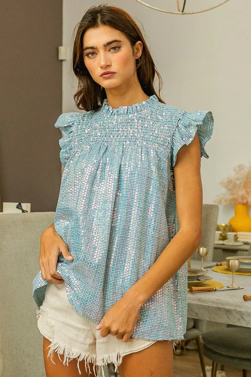 BiBi Clear Sequin All-over Gingham Smocked Top