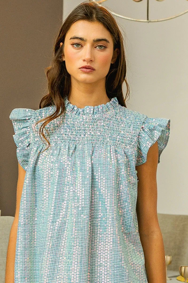 BiBi Clear Sequin All-over Gingham Smocked Top