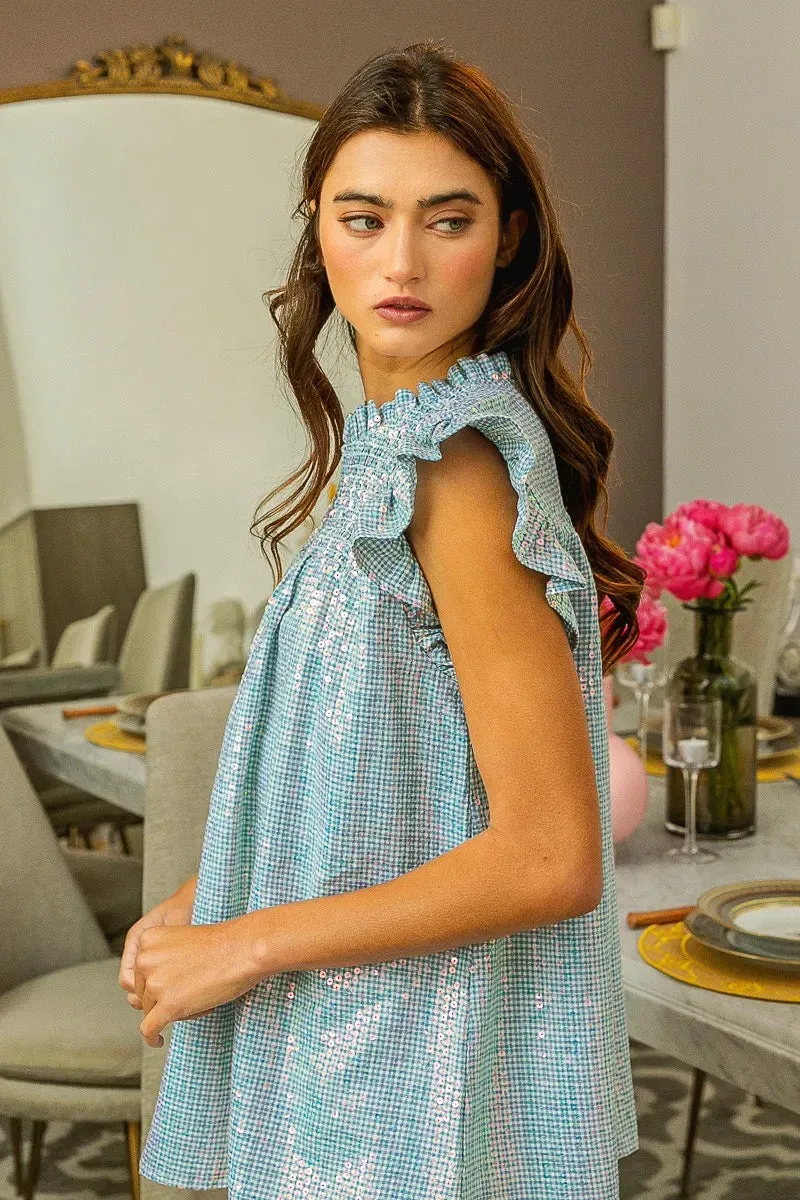BiBi Clear Sequin All-over Gingham Smocked Top