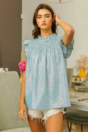 BiBi Clear Sequin All-over Gingham Smocked Top