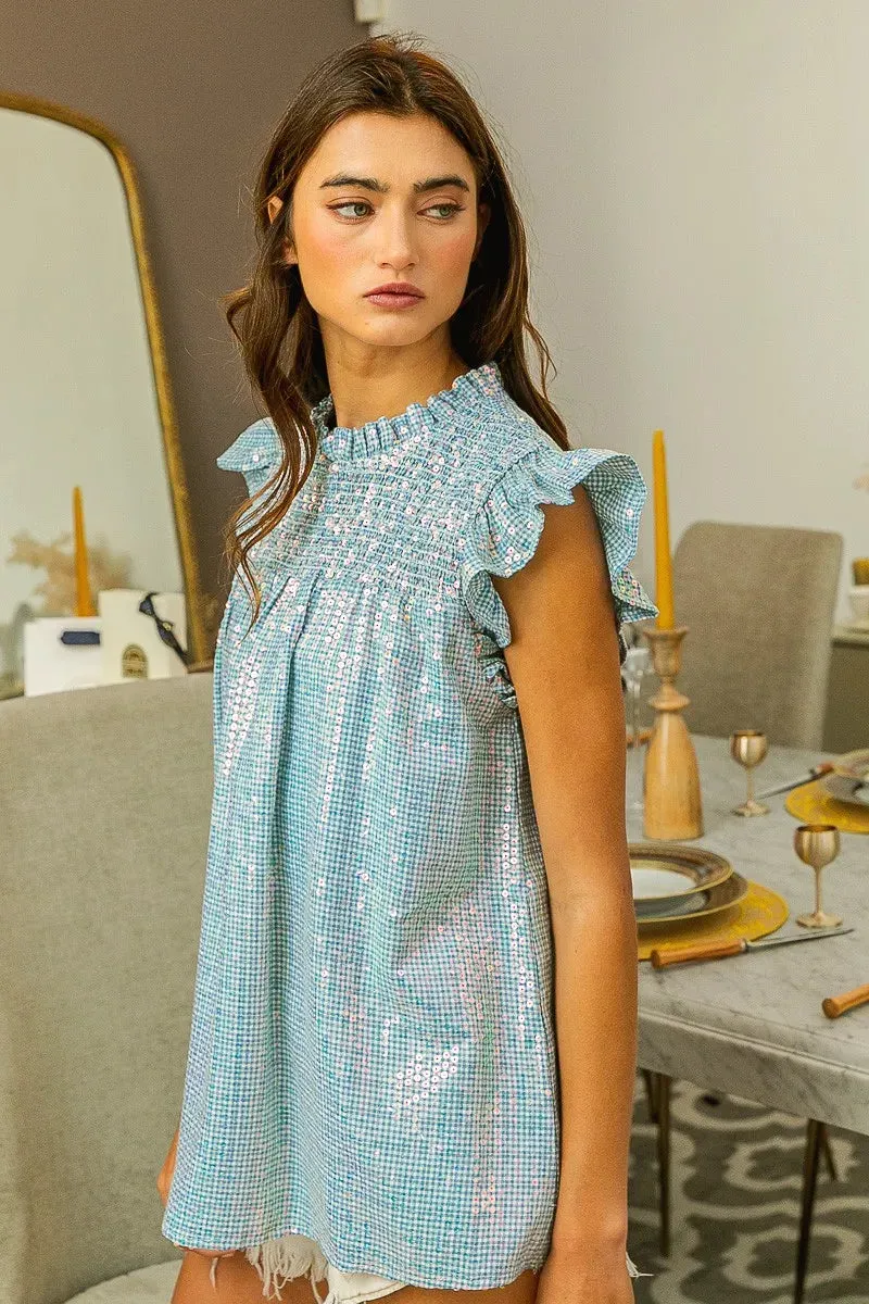 BiBi Clear Sequin All-over Gingham Smocked Top