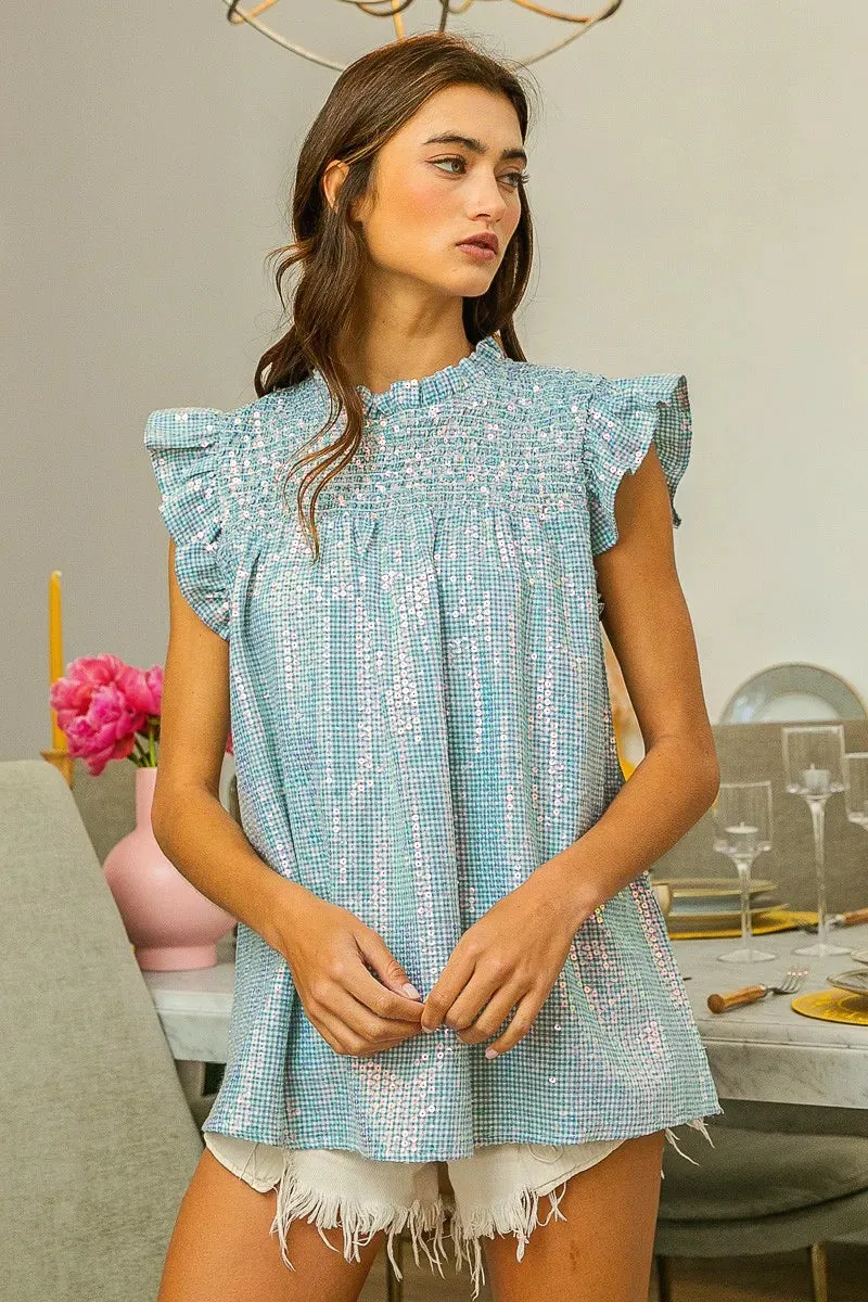 BiBi Clear Sequin All-over Gingham Smocked Top