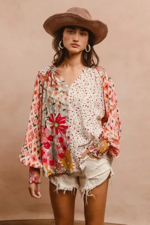 BiBi Floral Print Mix And Match Long Sleeve Peasant Top