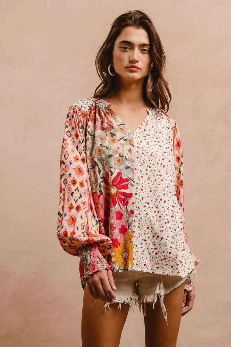 BiBi Floral Print Mix And Match Long Sleeve Peasant Top