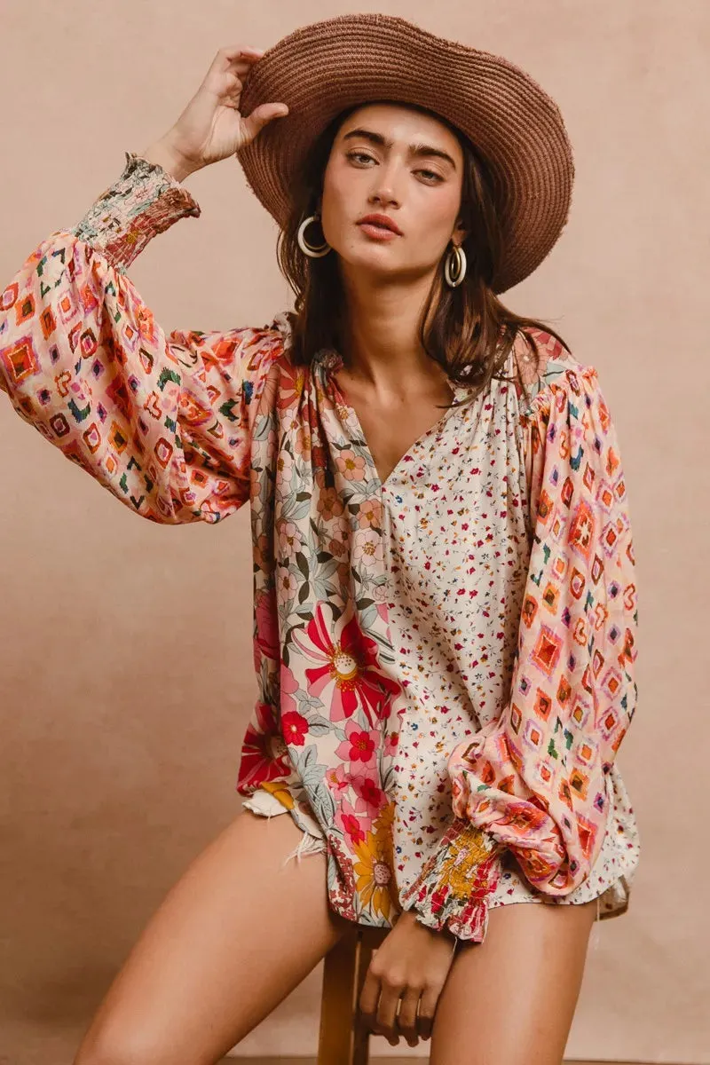 BiBi Floral Print Mix And Match Long Sleeve Peasant Top