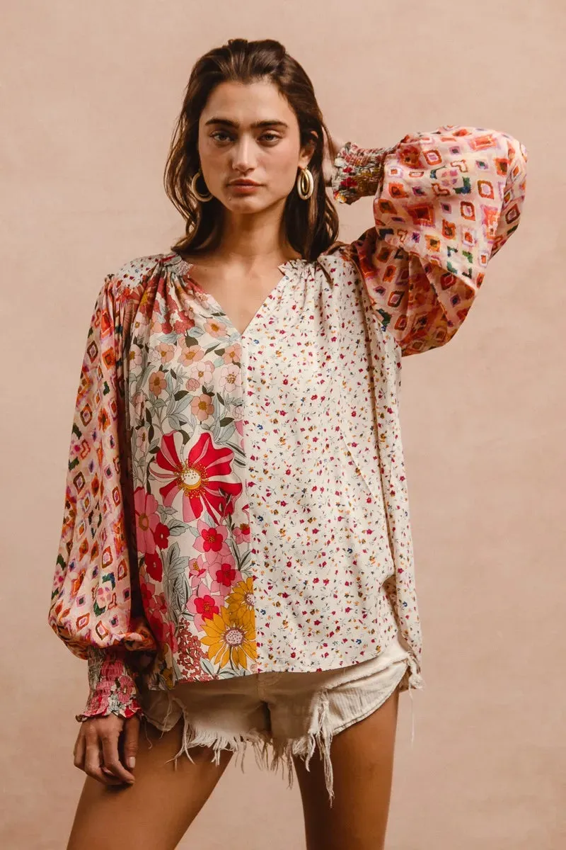BiBi Floral Print Mix And Match Long Sleeve Peasant Top