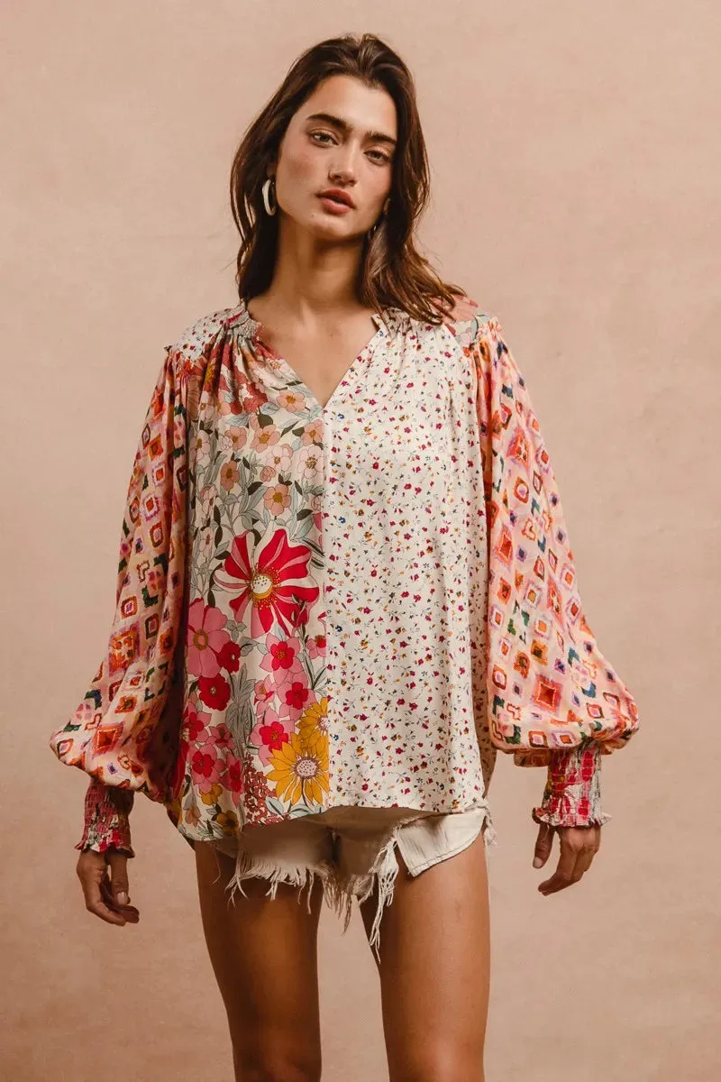 BiBi Floral Print Mix And Match Long Sleeve Peasant Top