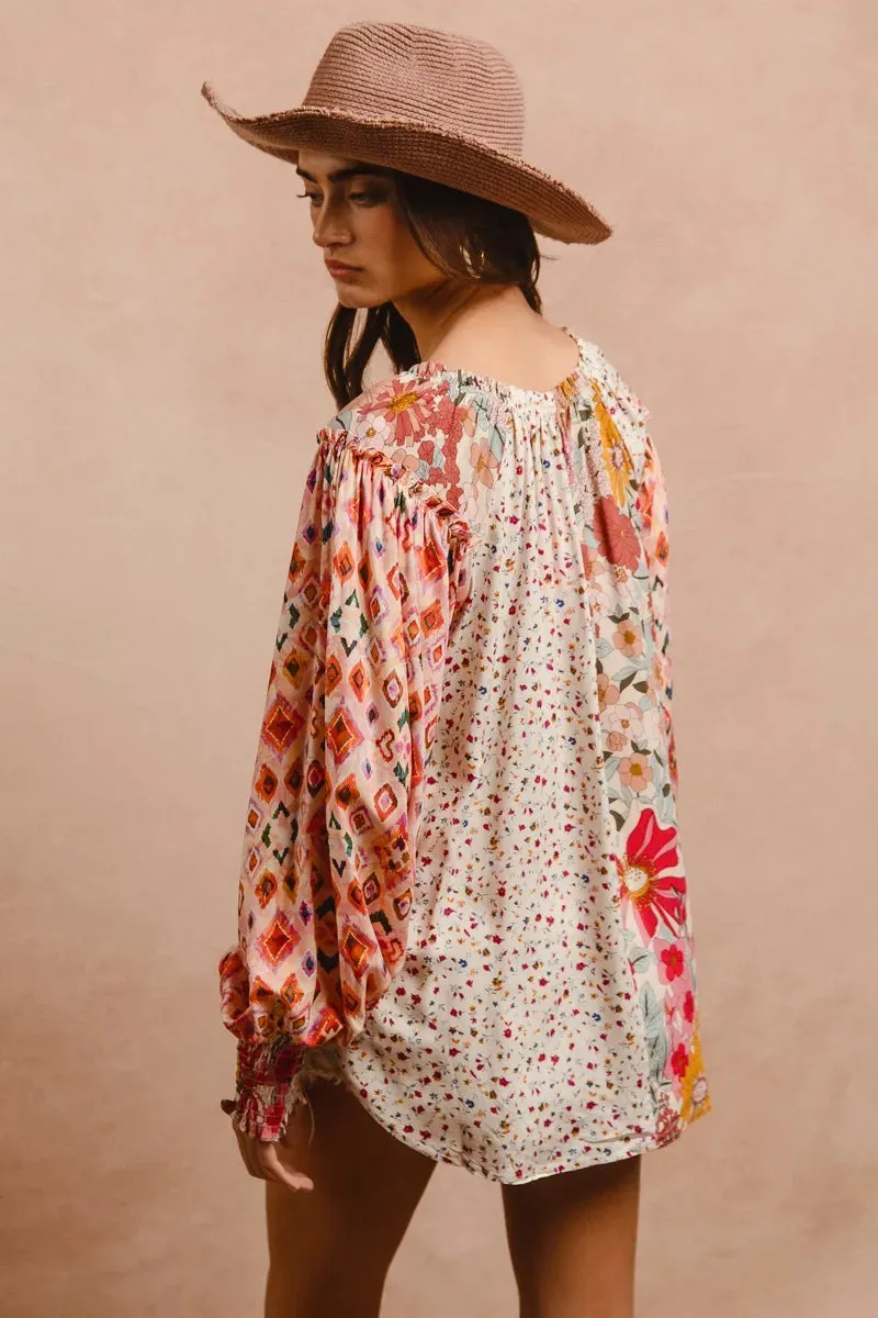 BiBi Floral Print Mix And Match Long Sleeve Peasant Top