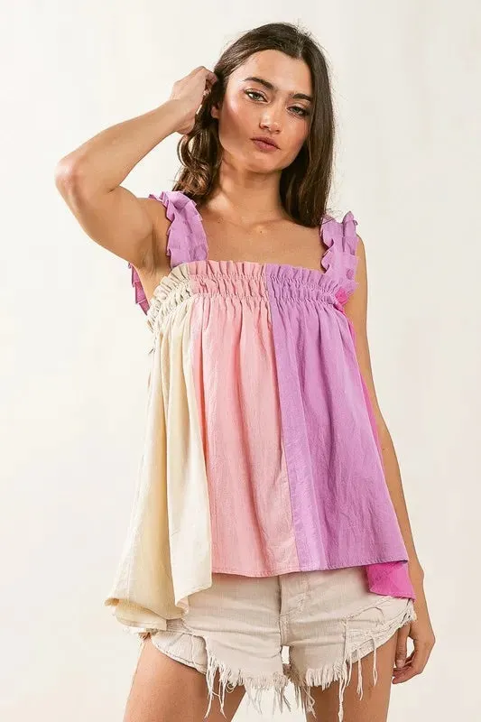 BiBi Frill Shoulder Strap Color Block Bodice Top