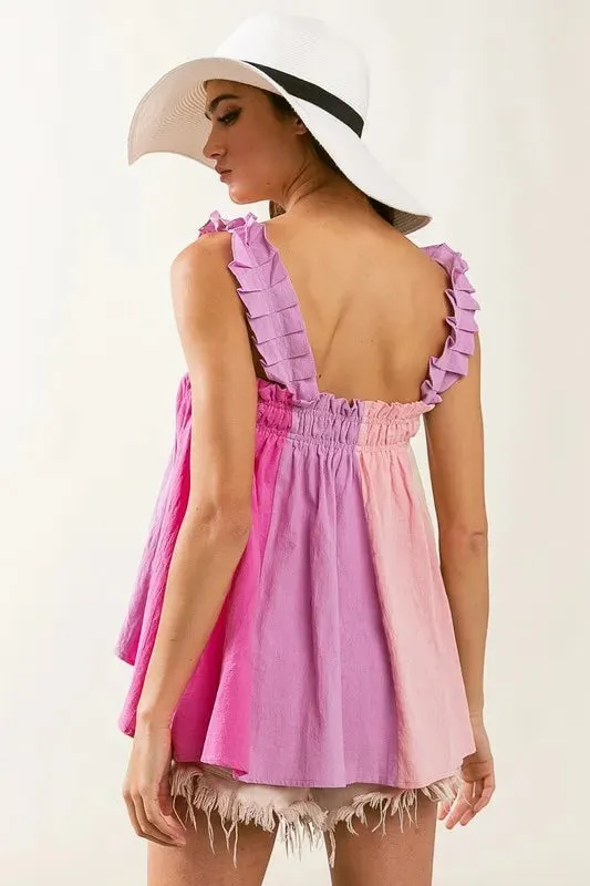 BiBi Frill Shoulder Strap Color Block Bodice Top