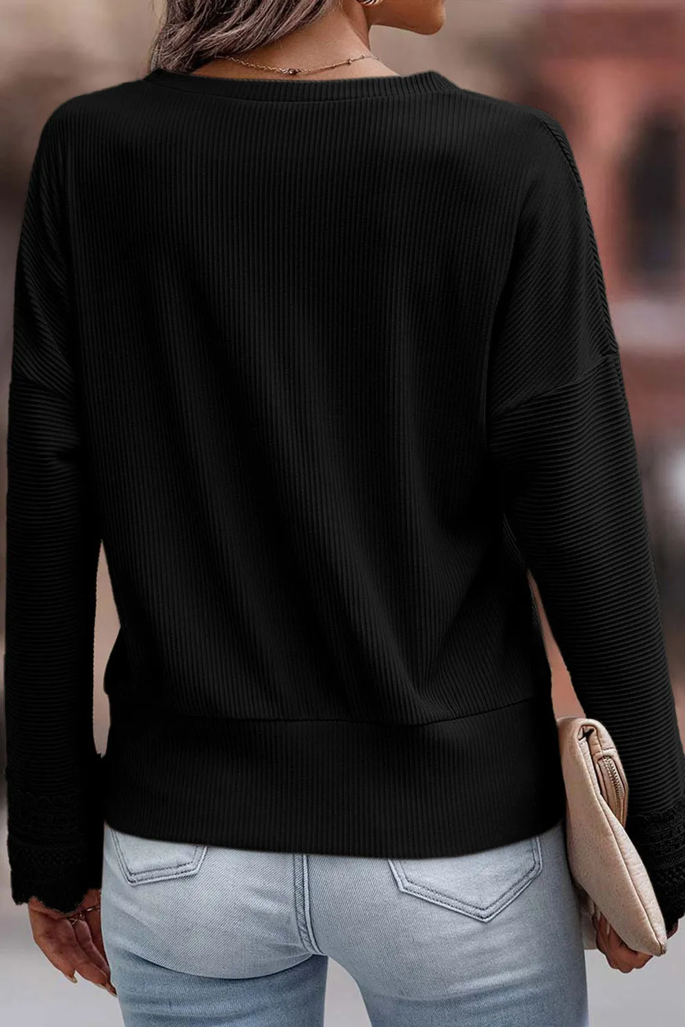 Black Apricot Ribbed Texture Lace Trim V Neck Long Sleeve Top