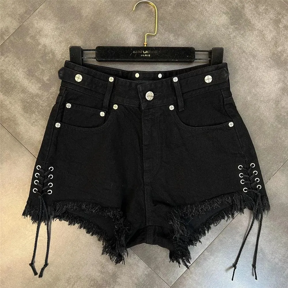 Black Denim Shorts with Personality Raw Fringe and Bandage Tassel Trend