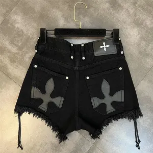 Black Denim Shorts with Personality Raw Fringe and Bandage Tassel Trend