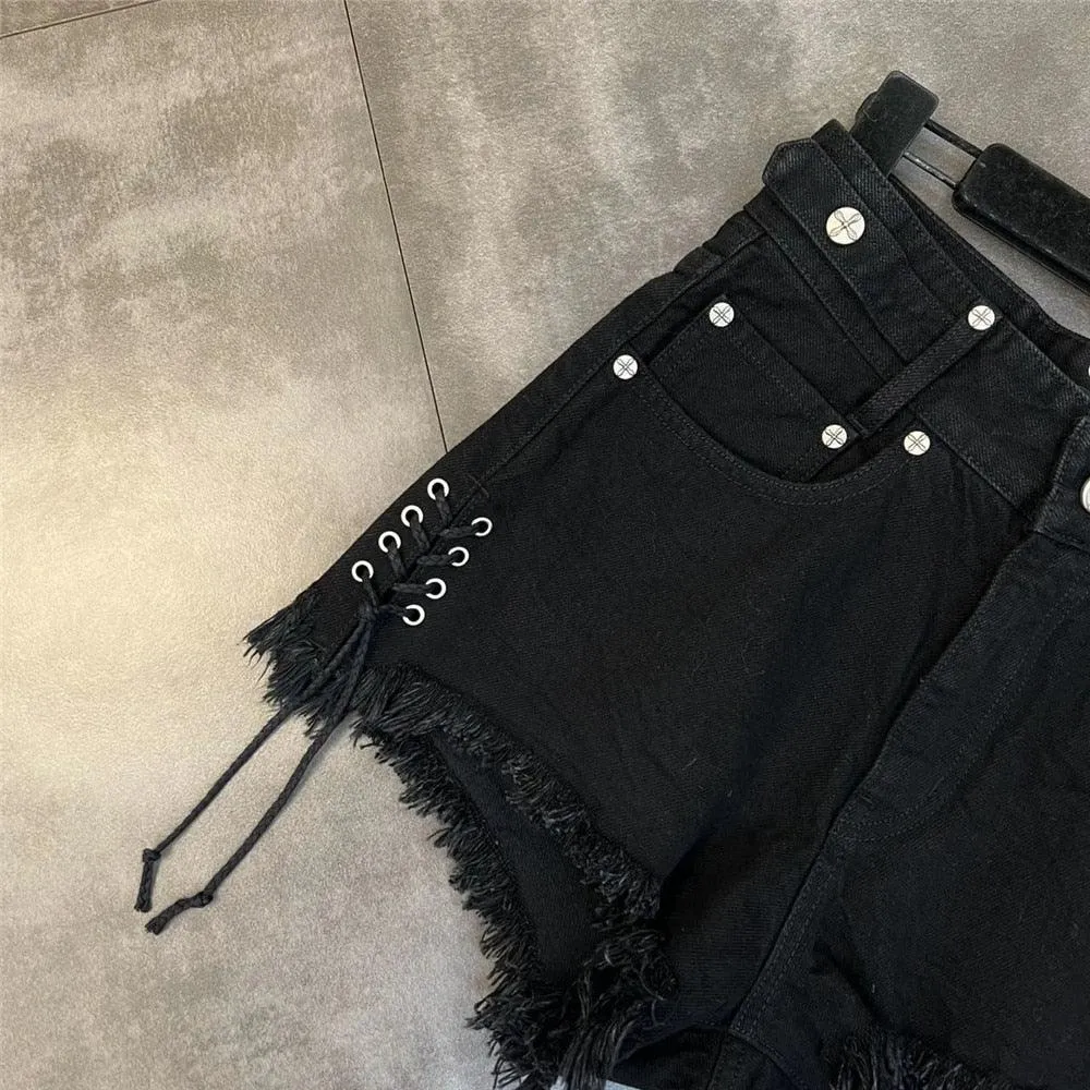 Black Denim Shorts with Personality Raw Fringe and Bandage Tassel Trend