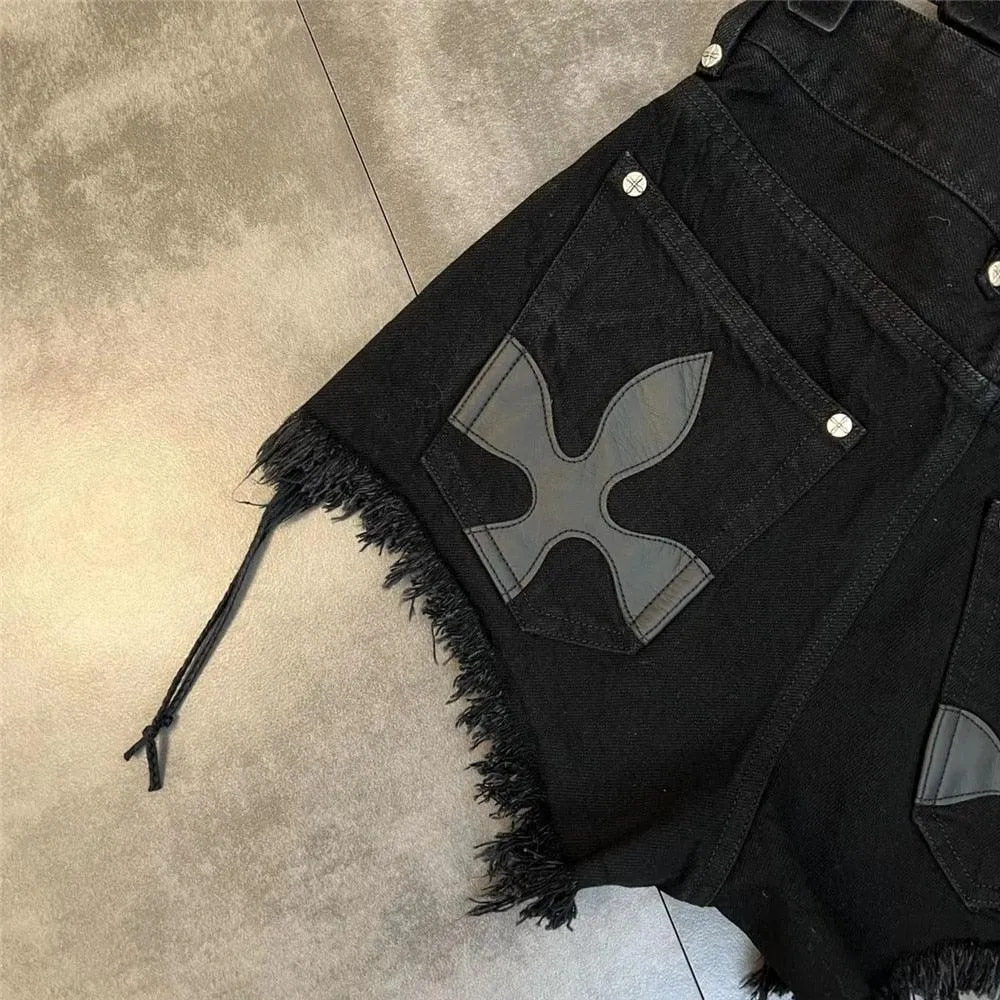 Black Denim Shorts with Personality Raw Fringe and Bandage Tassel Trend