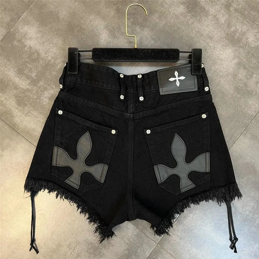 Black Denim Shorts with Personality Raw Fringe and Bandage Tassel Trend