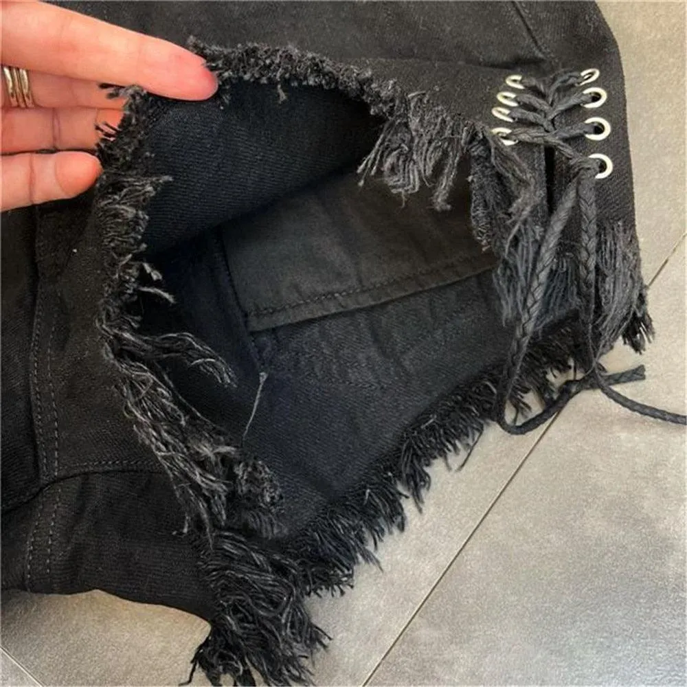 Black Denim Shorts with Personality Raw Fringe and Bandage Tassel Trend