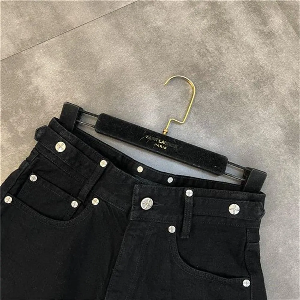 Black Denim Shorts with Personality Raw Fringe and Bandage Tassel Trend