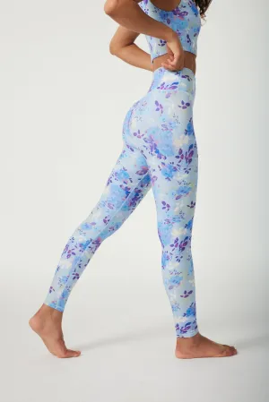 Blue Blossom High-Waisted Workout Leggings – Women's Full-Length Yoga Pants with Soft Floral Print