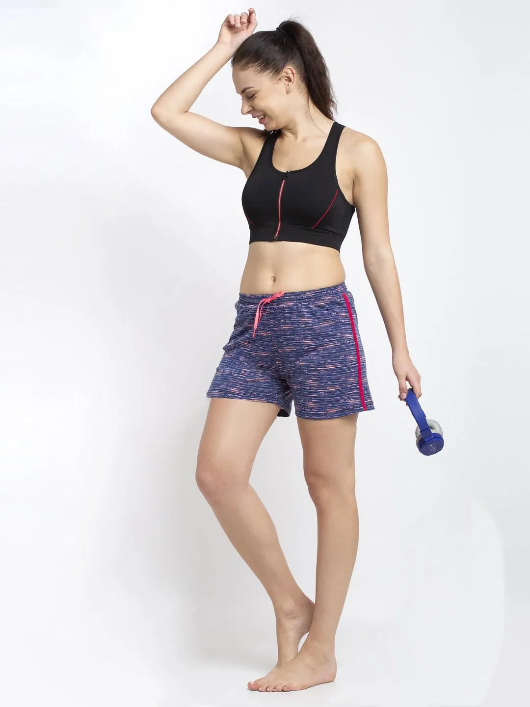 Blue Solid Printed Cotton Shorts