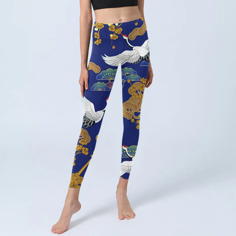 Buddha Stones Flying Red-Crowned Crane Pine Tree Flower Pattern Print Gym Leggings Women's Yoga Pants
