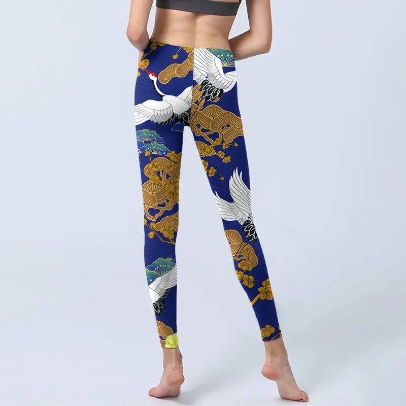 Buddha Stones Flying Red-Crowned Crane Pine Tree Flower Pattern Print Gym Leggings Women's Yoga Pants