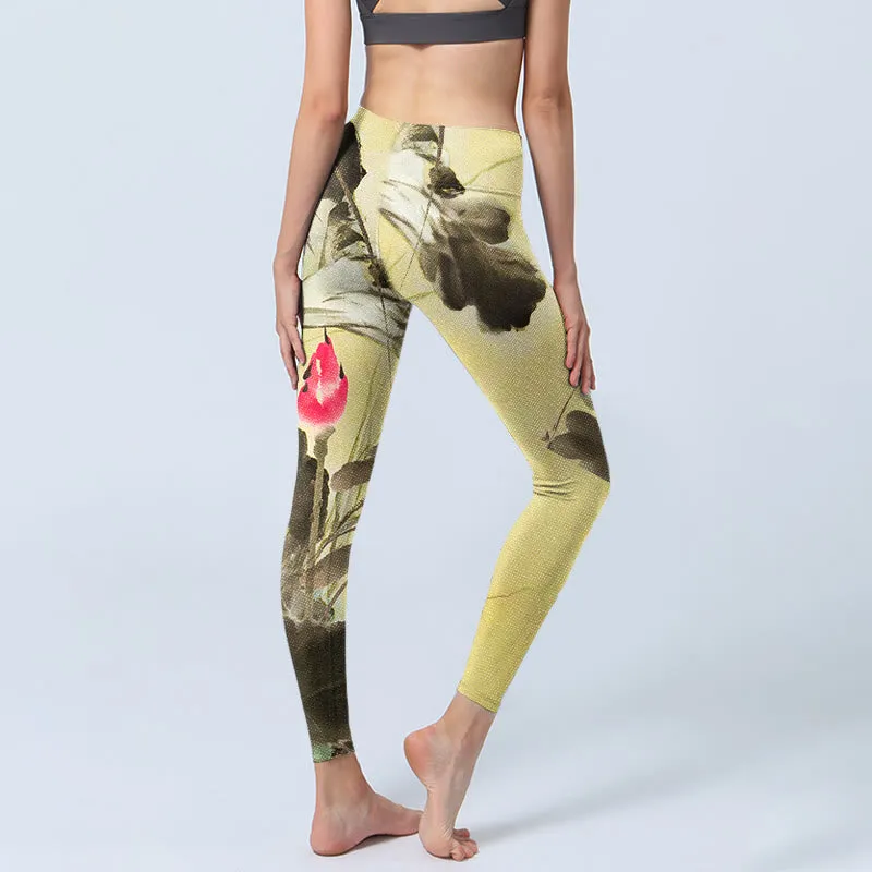 Buddha Stones Pink Blooming And Unbloomed Lotus Print Gym Leggings Women's Yoga Pants