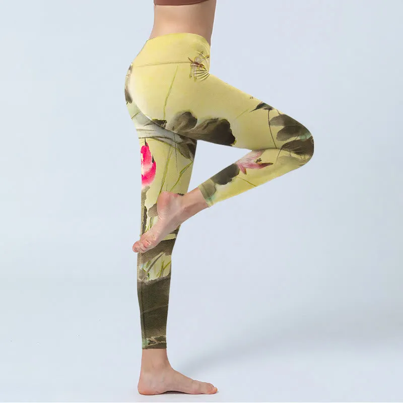 Buddha Stones Pink Blooming And Unbloomed Lotus Print Gym Leggings Women's Yoga Pants
